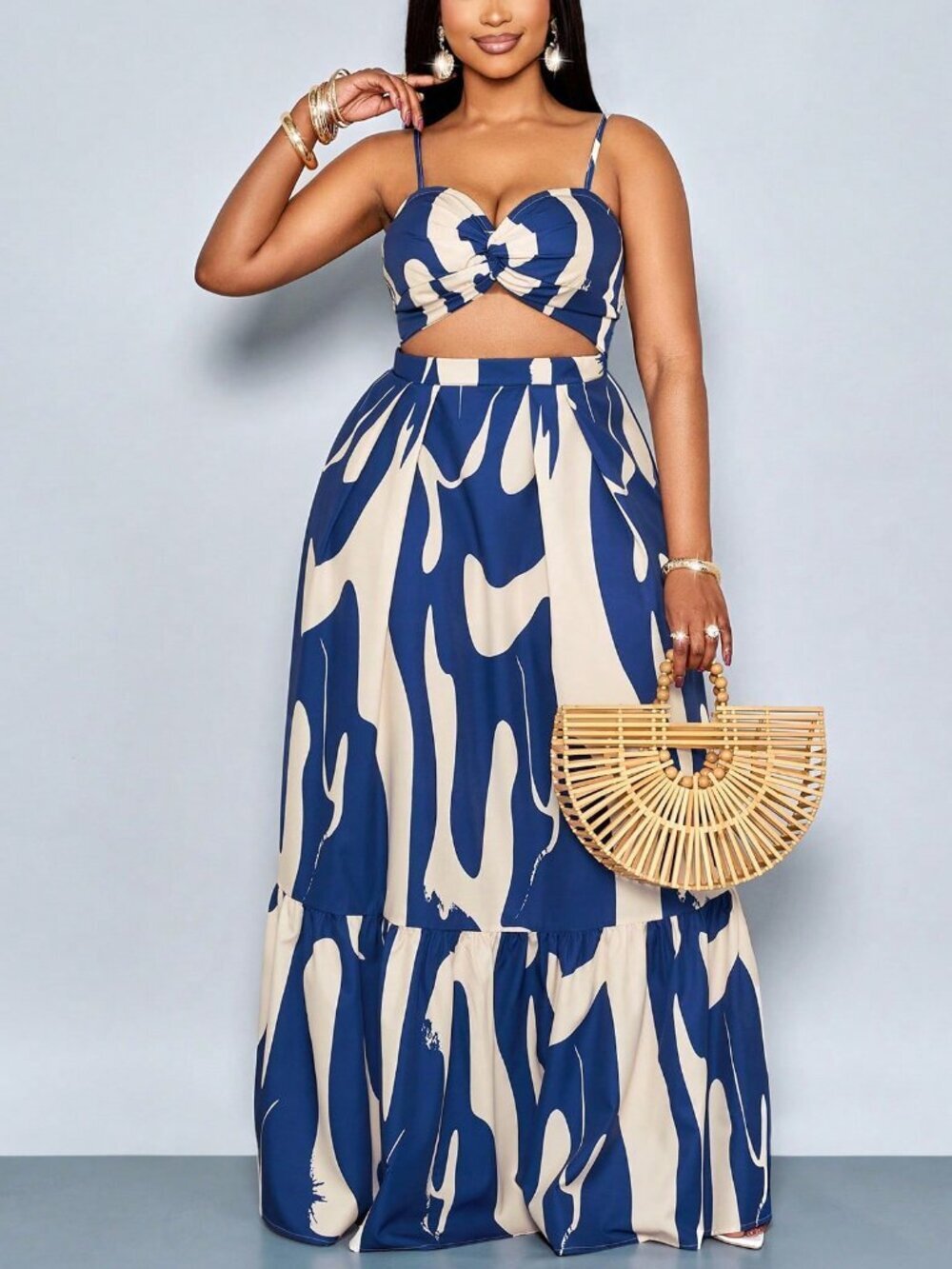 blue Boho Women's Plus Size Elegant Sleeveless Printed Cinched Waist Maxi Dress - Picture 2 of 7